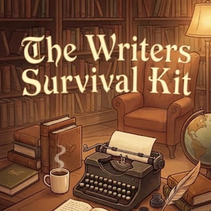 May include: Illustration of a writer's desk with a typewriter, books, and a cup of coffee. The text "The Writers Survival Kit" is displayed above the desk. A cozy armchair and a globe are in the background, suggesting a study or library setting.