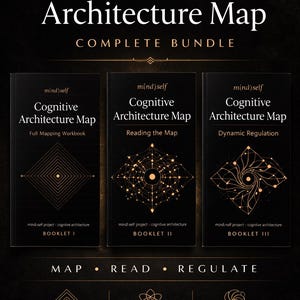 Puede incluir: Un paquete completo de tres cuadernos "Cognitive Architecture Map". Las portadas son negras con texto dorado y diseños geométricos. El texto incluye "mi(nd)self" y "COMPLETE BUNDLE". Los cuadernos se titulan "Full Mapping Workbook", "Reading the Map" y "Dynamic Regulation".