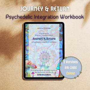 Puede incluir: Una tableta digital muestra la portada de un cuaderno de trabajo titulado "Journey & Return: A Psychedelic Integration Workbook". La portada presenta un diseño colorido y arremolinado con texto. Un gráfico circular indica dos versiones, color tinta-claro.