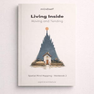 May include: A book titled "Living Inside" with the subtitle "Moving and Tending." The cover features an illustration of a house, a mountain silhouette, and the text "Spatial Mind Mapping - Workbook 2."