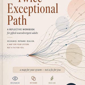 Könnte beinhalten: Buchcover mit dem Titel "The Twice-Exceptional Path", ein Reflexions-Workbook für begabte neurodivergente Erwachsene. Das Design zeigt ein Netzwerk aus Linien und Kreisen in Braun-, Blau- und Pfirsichtönen. Der Text enthält "Recognize, Reframe, Realign".