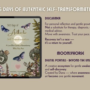 May include: A digital tablet displays the text "365 Days of Authentic Self-Transformation" with butterfly and floral illustrations. The tablet also includes the text "A Low-Effort Guide to Remembering Who You Are."