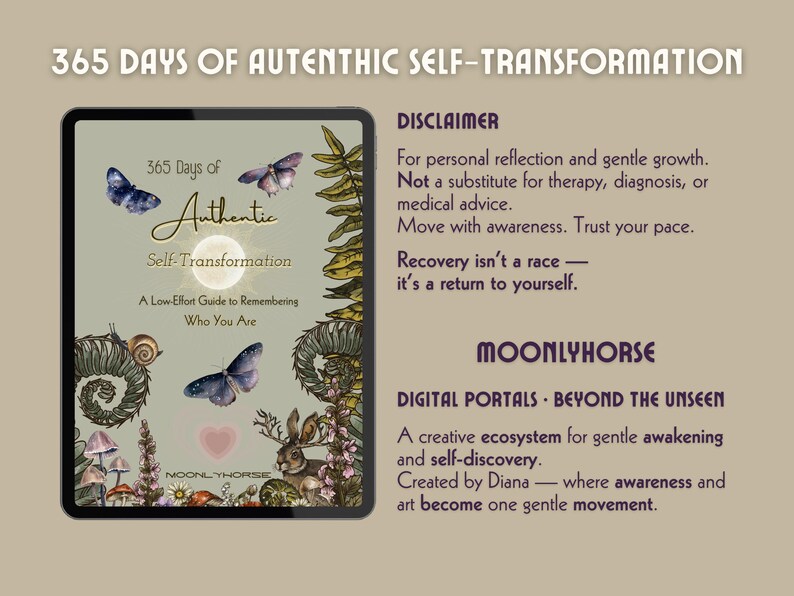 May include: A digital tablet displays the text "365 Days of Authentic Self-Transformation" with butterfly and floral illustrations. The tablet also includes the text "A Low-Effort Guide to Remembering Who You Are."