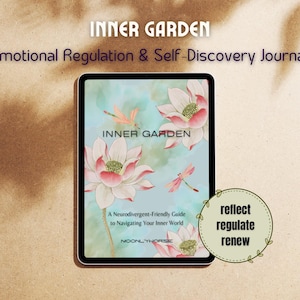 Könnte beinhalten: Ein digitales Tablet zeigt das Cover eines "Inner Garden"-Journals. Das Cover zeigt ein Aquarelldesign mit rosa Lotusblumen und Libellen. Der Text enthält "Emotional Regulation & Self-Discovery Journal".