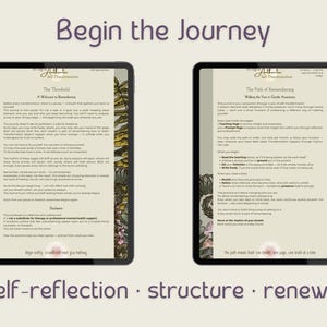 May include: Two digital tablets displaying journal pages with floral borders. The text "Begin the Journey" is at the top. Below, the words "self-reflection, structure, renewal" are displayed. The tablets show text about self-transformation.