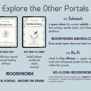 May include: Digital art promoting online resources. Two tablets display book covers: "The Quiet Keys" and "Not Mine to Carry." Text highlights Substack and Ko-Fi platforms, with website addresses and descriptions of offerings.