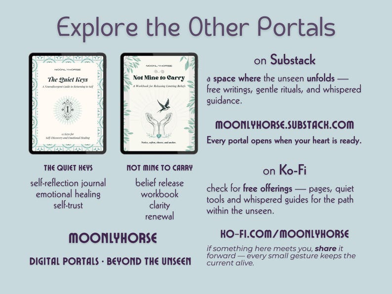 May include: Digital art promoting online resources. Two tablets display book covers: "The Quiet Keys" and "Not Mine to Carry." Text highlights Substack and Ko-Fi platforms, with website addresses and descriptions of offerings.