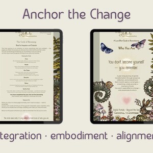 May include: Two digital tablets display text and illustrations. One tablet shows a circular text layout titled "The Circle of Becoming." The other tablet displays text and illustrations of butterflies, a snail, and a rabbit. The text reads "Who You Are."