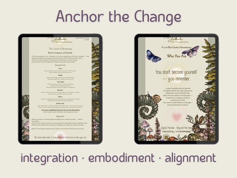 May include: Two digital tablets display text and illustrations. One tablet shows a circular text layout titled "The Circle of Becoming." The other tablet displays text and illustrations of butterflies, a snail, and a rabbit. The text reads "Who You Are."