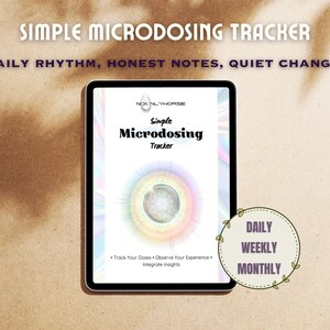 Peut inclure: Une tablette numérique affichant une application "Simple Microdosing Tracker". L'interface de l'application présente un motif circulaire coloré. Le texte en haut indique "SIMPLE MICRODOSING TRACKER" et "DAILY RHYTHM, HONEST NOTES, QUIET CHANGE."