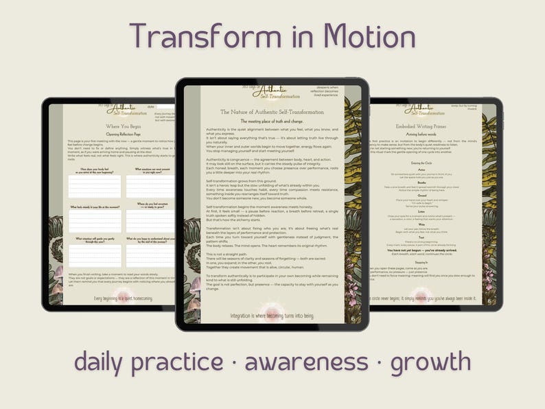 May include: Three digital tablets displaying text about self-transformation. The tablets are black with white screens, and the text is in a serif font. The background is a light beige color with the words "Transform in Motion" at the top and "daily practice &bull; awareness &bull; growth" at the bottom.