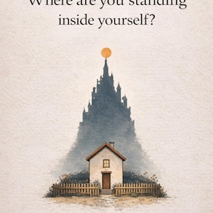 May include: Watercolor illustration featuring a small house with a brown door and a wooden fence. Behind the house, a large, dark silhouette of a castle rises, topped with a golden sun. The text reads: "Where are you standing inside yourself?"