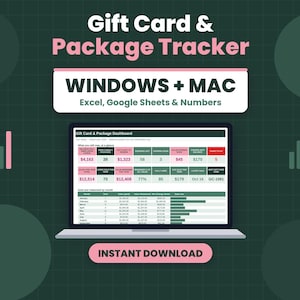 May include: A digital dashboard for tracking gift cards and packages displayed on a laptop screen. The interface includes tables and charts for data management, compatible with Excel, Google Sheets, and Numbers on Windows and Mac.