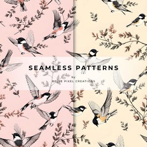 May include: Seamless patterns featuring illustrations of birds in flight and perched on branches. The designs include birds with black, white, and peach-colored feathers, set against pink and beige backgrounds. The text "SEAMLESS PATTERNS" is displayed.