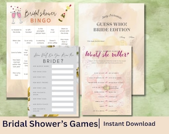 May include: A collection of bridal shower games, including Bingo, "Guess Who? Bride Edition", "How Well Do You Know the Bride?", and "Would She Rather?". The games feature floral and champagne graphics, with text such as "Instant Download".