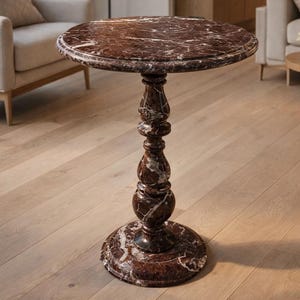 Rosso Levanto Marble Side Table– Handmade Round Stone Accent Table– Luxury Pedestal Table– Small & Medium Coffee Table– Natural Marble Decor