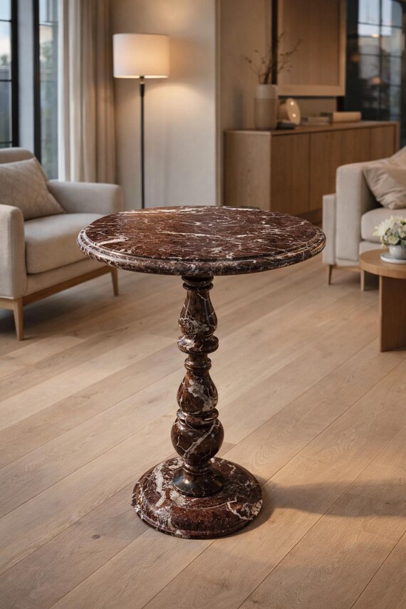 Rosso Levanto Marble Side Table– Handmade Round Stone Accent Table– Luxury Pedestal Table– Small & Medium Coffee Table– Natural Marble Decor