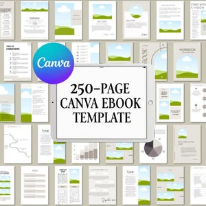 Könnte beinhalten: Ein digitales Tablet zeigt eine Vorlage für ein 250-seitiges E-Book, das für Canva entwickelt wurde. Die Vorlage hat ein minimalistisches Design mit einem grün-weißen Farbschema. Der Text "250-PAGE CANVA EBOOK TEMPLATE" wird auf dem Bildschirm des Tablets angezeigt.