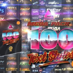 May include: A product box labeled "MEGA PACK 100 Text Styles" with a gold seal. The background features various text effects, including "SHINY", "CAKES", and "ICE RAGED". A Photoshop logo is visible in the upper left corner.