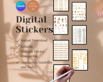 Puede incluir: Pegatinas digitales mostradas en tabletas, con varios diseños como calendarios e ilustraciones. La imagen incluye el texto "Digital Stickers", "Descarga instantánea" y "Editable". Se ve una mano sosteniendo un lápiz óptico, lo que sugiere planificación digital.