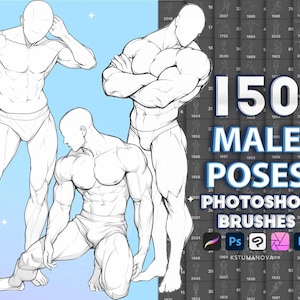 Puede incluir: Un conjunto de 150 pinceles de Photoshop de poses masculinas. La imagen muestra tres poses diferentes de una figura masculina en un estilo de dibujo de línea. El texto "150 Male Poses Photoshop Brushes" se muestra en el centro de la imagen. El texto "Ps" se muestra en un círculo azul, "Fr" se muestra en un círculo rojo y un icono de cámara se muestra en un círculo morado.