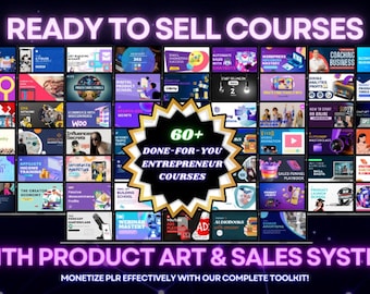 Op de afbeelding: Een promotieafbeelding met de tekst "READY TO SELL COURSES" en "60+ DONE-FOR-YOU ENTREPRENEUR COURSES." De afbeelding toont verschillende cursus thumbnails over onderwerpen als digitale marketing, e-commerce en business coaching.
