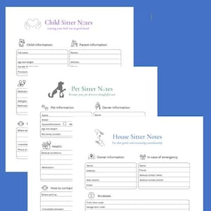 May include: Three printable note sheets for child, pet, and house sitters. Each sheet has sections for information, including contact details, medical conditions, and emergency contacts. The sheets are white with purple accents.