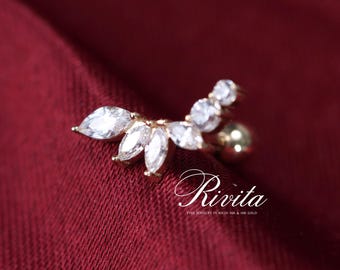 14K Gold Marquise Blatt Ohr Kletterer Ohrstecker, Blatt Zweig Ohrstecker mit Kugel zurück