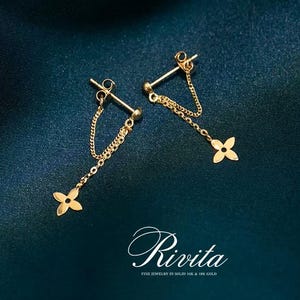 10 kt gouden klaver oorbellen, geluksbloeminrijger oorbel, klavertje vier druppelketting