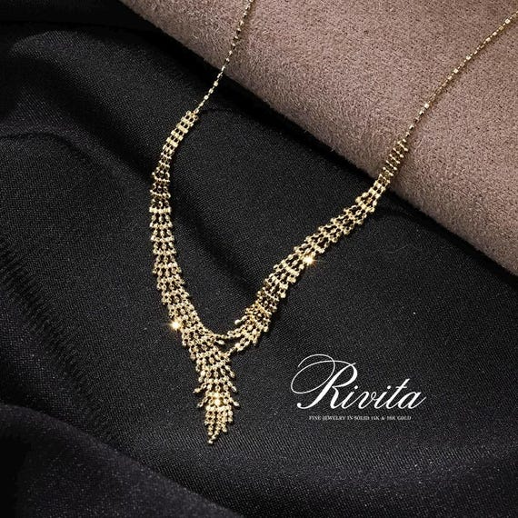18k Gold Tassel Necklace, Mesh Beaded Fringe Choker, Victorian Style Art Deco Statement Necklace