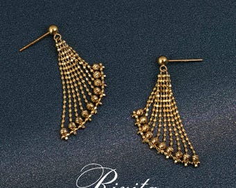 18K Gold Tassel Earring, Beaded Fringe Drop Statement Earrings, Vintage Style Liquid Gold Dangles
