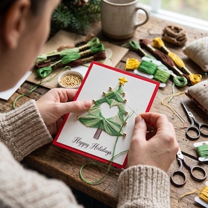 May include: A white greeting card with a red border featuring a hand-stitched Christmas tree design in green and cream thread with a yellow star and gold beads. The text Happy Holidays is printed in black script at the bottom of the card.