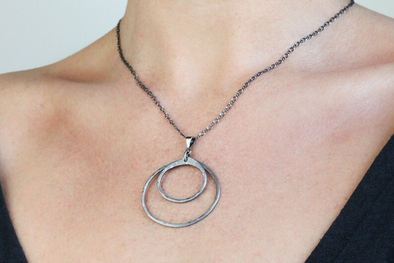 Simple bohemian necklace Minimalist. Steel modern rustic pendant 11th year anniversary gift Gypsy chic necklace Double circle necklace