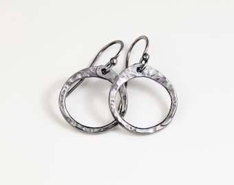 Tiny Zen Circle Steel Earrings. Minimal & rustic 11th anniversary gift of her. Hand forged and handmade to order.