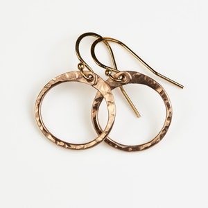 May include: A pair of gold-toned hammered circle earrings with a simple wire hook closure.