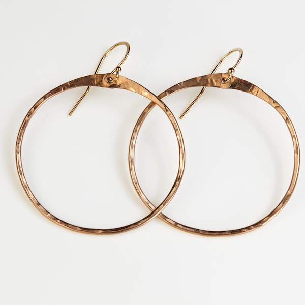 8th Anniversary Gift For Her, Zen Circle Bronze Hammered Hoop Earrings, Simple Circle Earring, Unique Hand Forged Bronze Anniversary Present