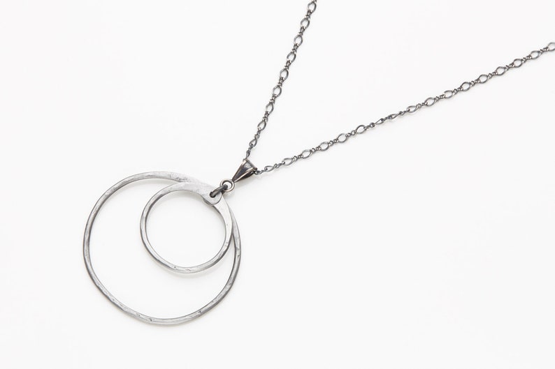 Simple bohemian necklace Minimalist. Steel modern rustic pendant 11th year anniversary gift Gypsy chic necklace Double circle necklace