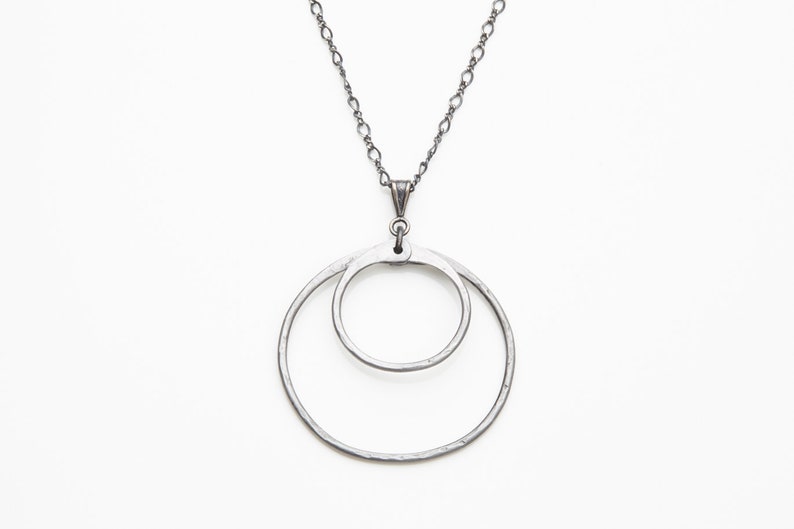 Simple bohemian necklace Minimalist. Steel modern rustic pendant 11th year anniversary gift Gypsy chic necklace Double circle necklace