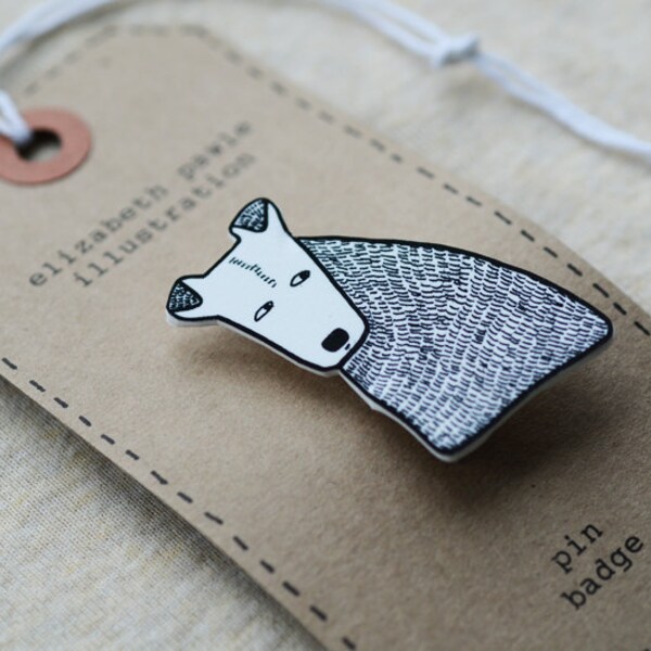 terrier dog brooch - by elizabeth pawle - modern design - hand drawn hand cut - black and white illustration pin badge