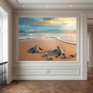 Baby Turtles Beach Sunset Canvas Print, Coastal Wall Art