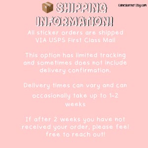Op de afbeelding: Een roze achtergrond met de woorden "SHIPPING INFORMATION!" in een bubbellettertype. De tekst legt uit dat stickerbestellingen worden verzonden via USPS First Class Mail en dat de levertijden kunnen vari&euml;ren.