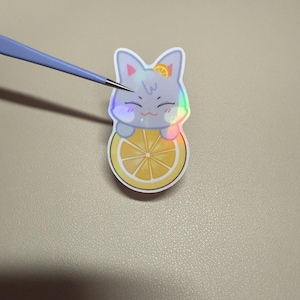 Op de afbeelding: Een holografische sticker met een lachend kattenpersonage op een citroen. De kat is lichtgrijs met een klein sinaasappelschijfje op zijn hoofd. De sticker heeft een regenboogglans.
