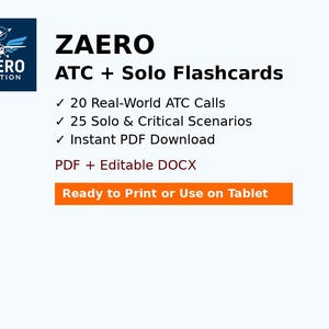 Peut inclure: ZAERO Aviation ATC + Solo Flashcards. 20 appels ATC du monde réel, 25 scénarios solo et critiques, téléchargement instantané de PDF, PDF + DOCX éditable, prêt à imprimer ou à utiliser sur tablette.