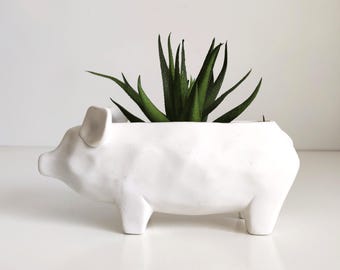 Vintage matte white pig planter