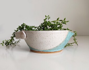 Shallow Stoneware Bowl - vintage speckled bowl with handle and spout