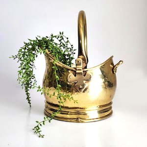 Op de afbeelding: Een vintage messing emmer met een gehamerde textuur, een gebogen handvat en een decoratieve sluiting. De emmer is gevuld met groene hangplanten. Het messing heeft een gepolijste, gouden afwerking. Decoratief item.