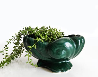 Vintage Green Ceramic Swirling Shell Planter