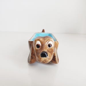 May include: A brown ceramic dog-shaped planter with a light blue interior. The dog has large, expressive eyes, long floppy ears, and a black nose. The planter is a whimsical decorative item.