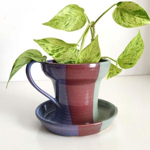 May include: A striped ceramic planter with a saucer, in shades of blue, purple, and red, with a green plant growing inside.