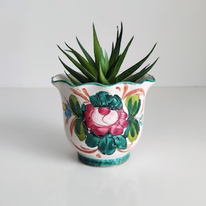 Puede incluir: Un macetero de cerámica blanca con un borde festoneado y un diseño floral en tonos verdes, rosas, naranjas y azules. El macetero está lleno de una planta suculenta verde.